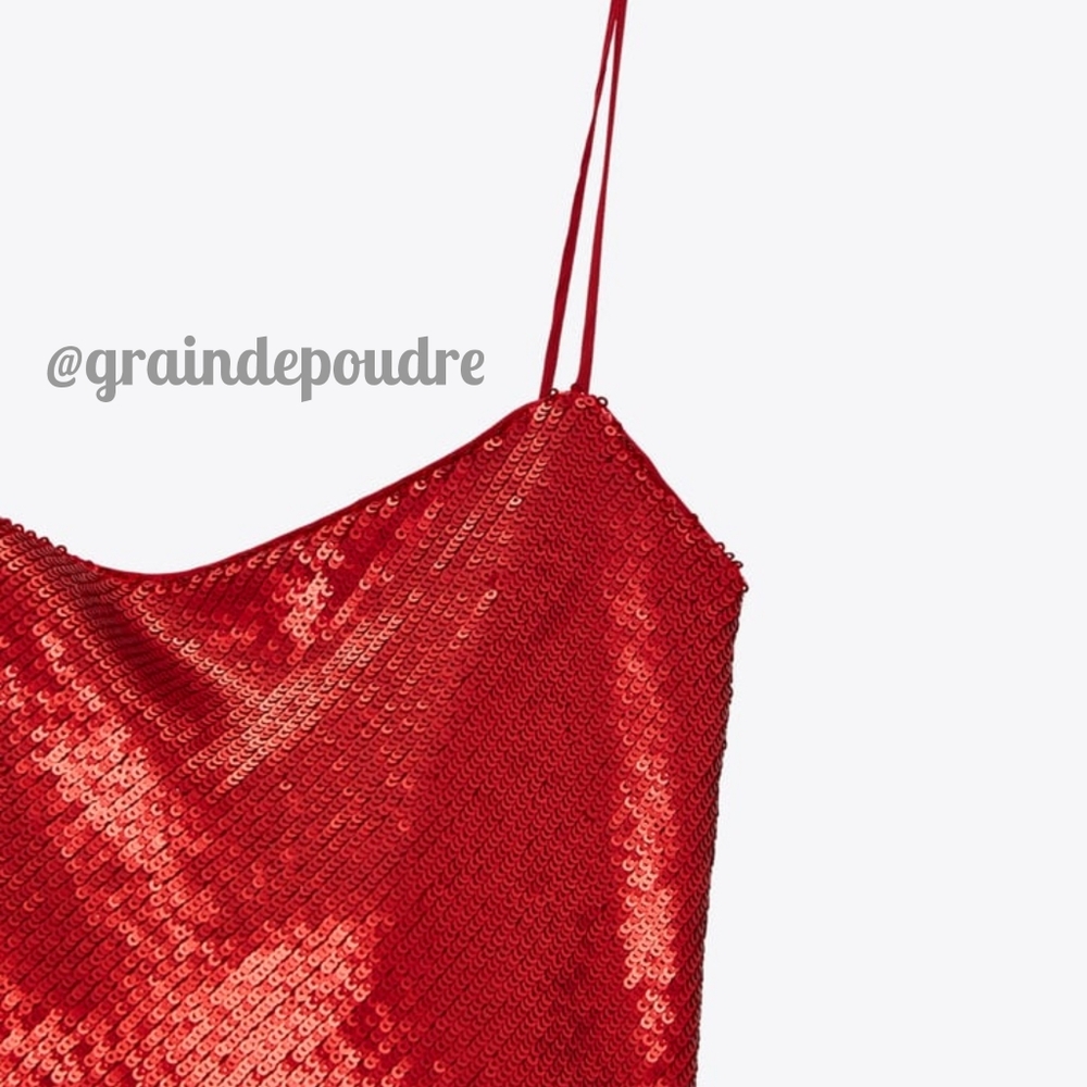 Zara Red Sequin Spaghetti Strap Back Cowl Drape Mini Slip Dress XS S - Picture 5 of 6